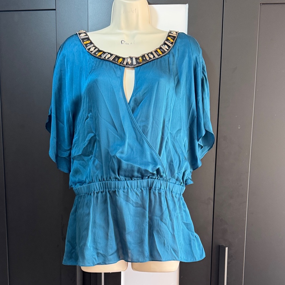 bebe Teal Blouse with Embellished Neckline